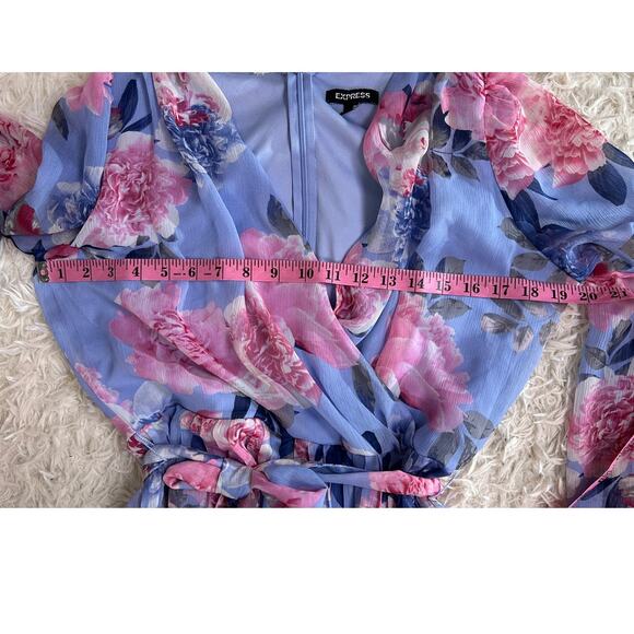 Express Women's Size M Light Blue Floral Back Zip Tie Waist Romper #0495 - Picture 13 of 16